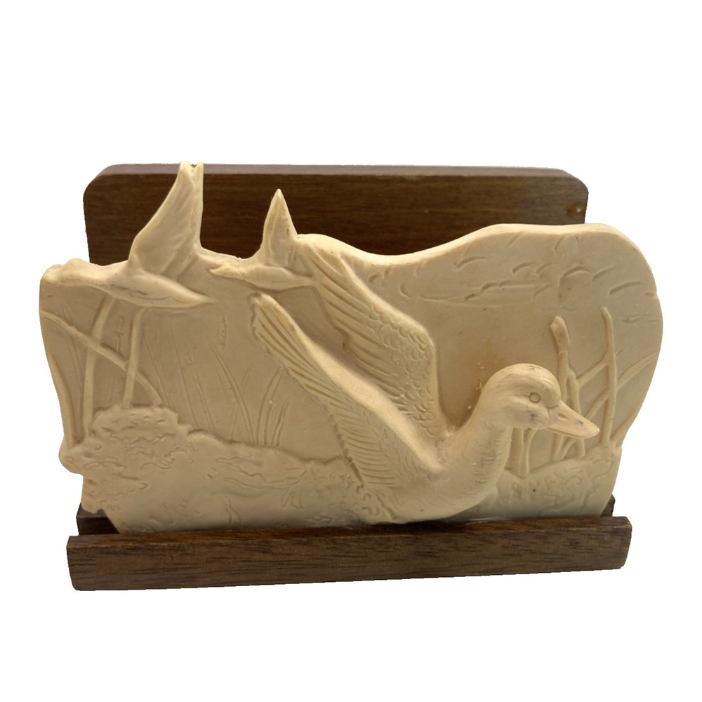 MCM Vtg Letter Card Holder Wood & Cast Relief of Ducks Russ Berrie & Co 4"